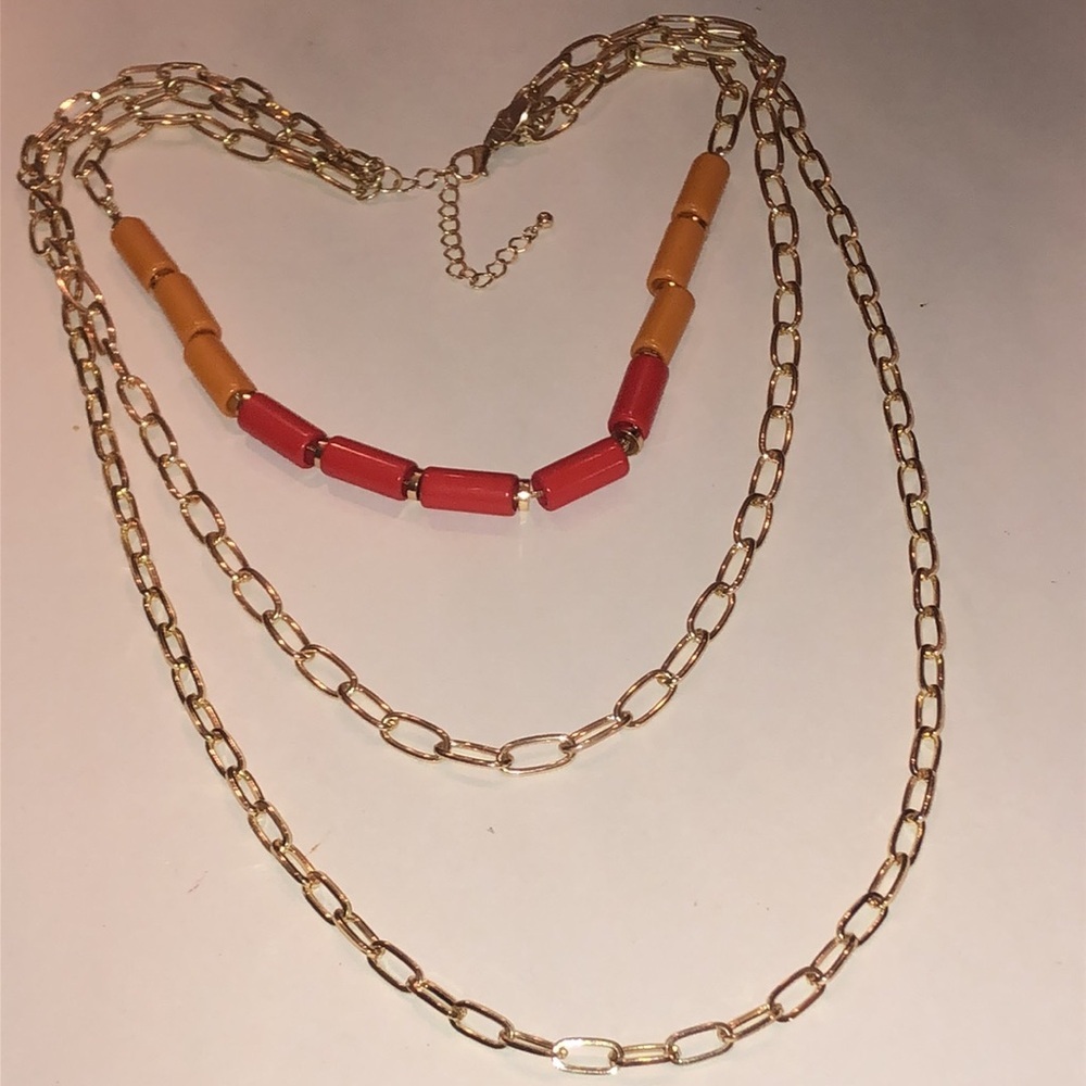 NY Brand Gold Tone and Orange Red Layered Boho Necklace